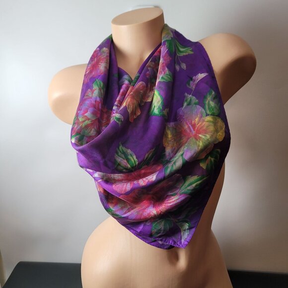 Echo Floral Hibiscus Purple Silk Scarf 34" X 34.75" - Picture 1 of 10